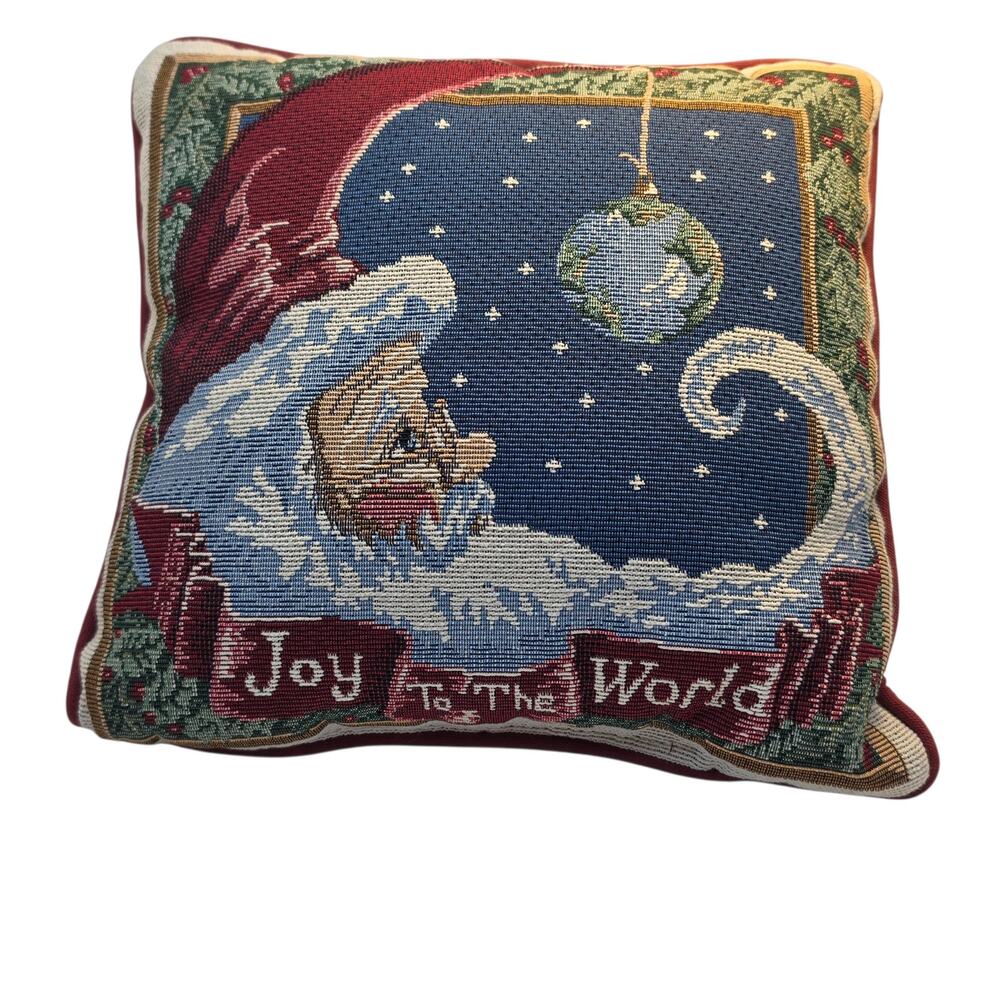 Joy To The World Christmas Santa Moon Woven Tapestry Throw Pillow Vintage